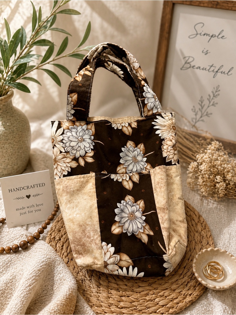 Handcrafted Floral Tote Bag in Brown and Cream